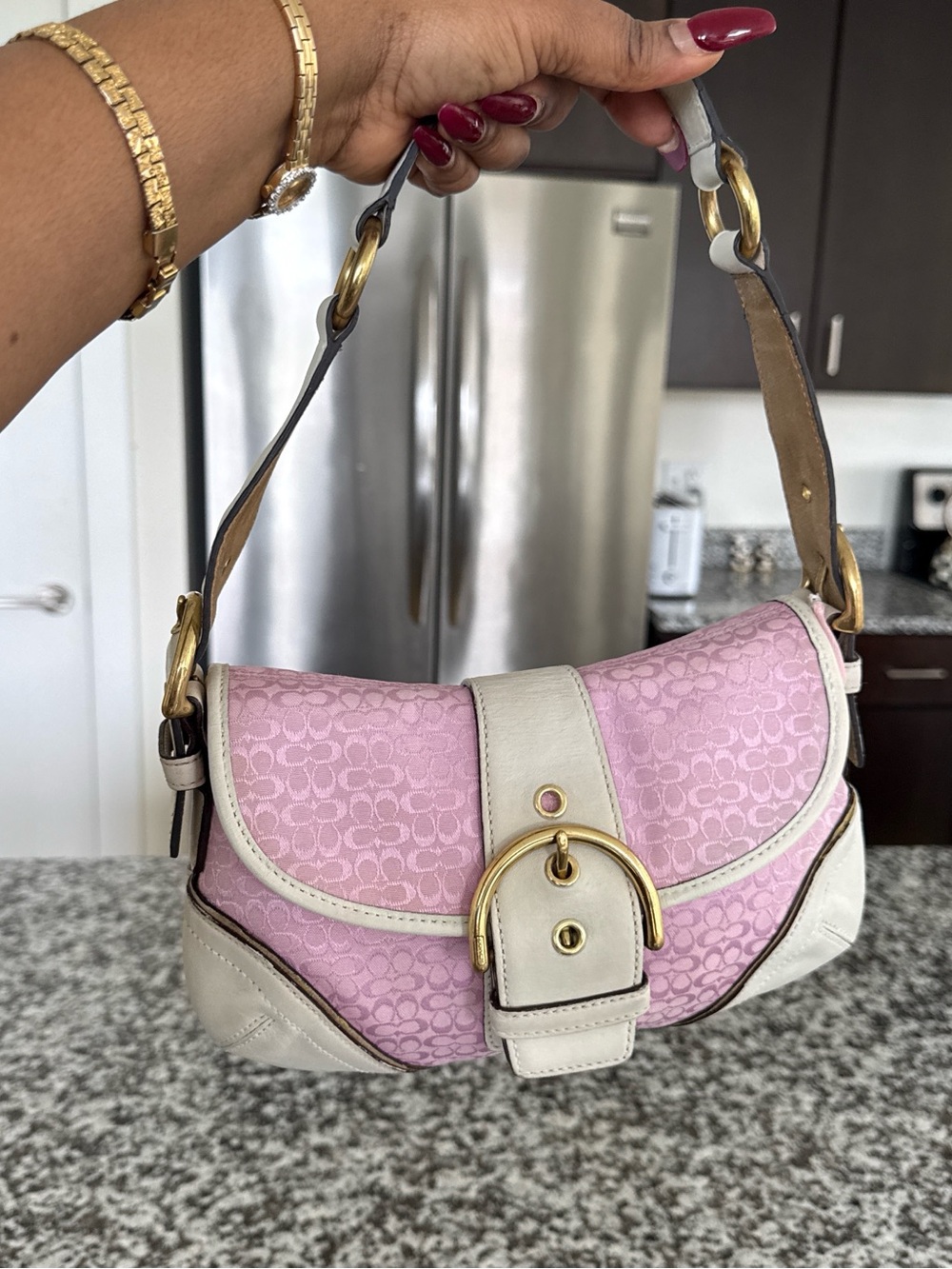 Coach Pink Signature Canvas Shoulder Bag with Cream Trim and Gold Hardware